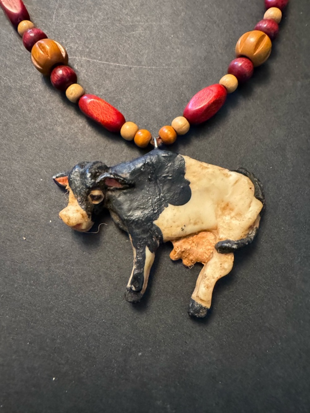 Vintage Handmade Cow Pendant Necklace in Black and Cream